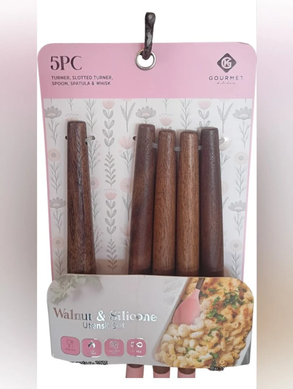 NWT Gourmet 5pc Walnut & Silicone Utensil Set Pink